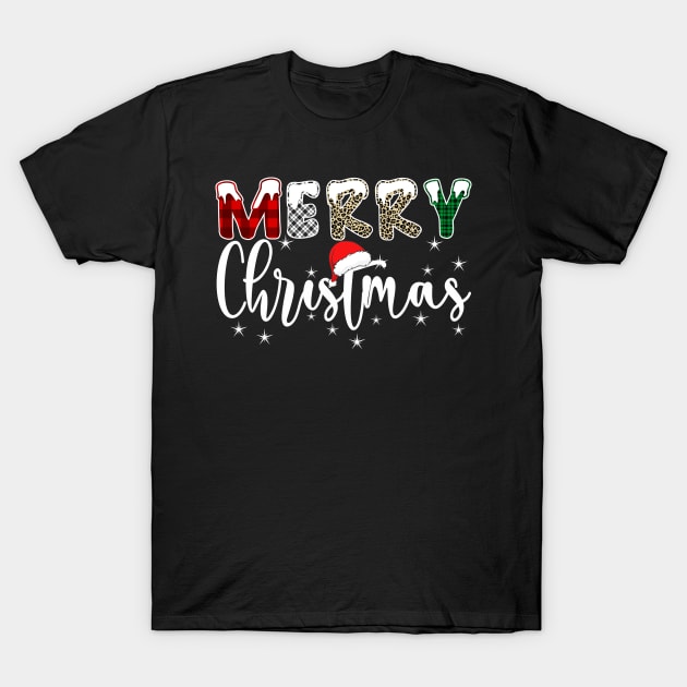 Merry Christmas Leopard Red Plaid Santa Hat Xmas Pajamas T-Shirt by Jhon Towel